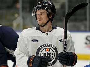 Edmonton Oiler Kailer Yamamoto at team practice in Edmonton on Monday, Dec. 30, 2019. The winger has been called up from the farm team.