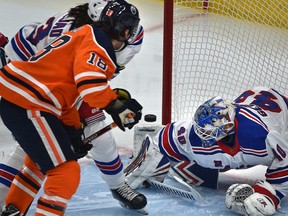 Edmonton Oilers James Neal (18) scores in the first 11 seconds of the game on New York Rangers goalie Alexandar Georgiev (40) during NHL action at Rogers Place in Edmonton, December 31, 2019.