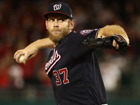 Stephen Strasburg of the Washington Nationals pitches in Game 3 of the National League Championship Series at Nationals Park on October 14, 2019, in Washington.