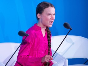 In this file photo taken on September 23, 2019, Youth Climate activist Greta Thunberg speaks during the UN Climate Action Summit at the United Nations Headquarters in New York City. (JOHANNES EISELE/AFP via Getty Images)