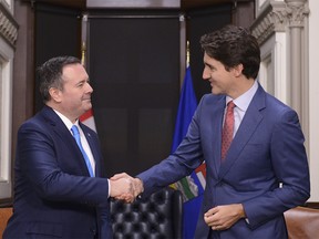 File photo of then-prime minister Justin Trudeau meeting with Alberta Premier Jason Kenney in 2019.