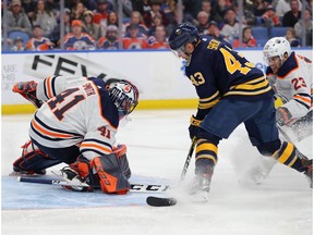 Mike Smith #41 of the Edmonton Oilers makes a save on Conor Sheary #43 of the Buffalo Sabres during the second period at KeyBank Center on January 2, 2020 in Buffalo, New York.