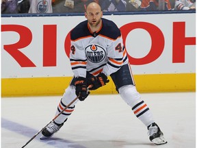 Zack Kassian of the Edmonton Oilers warms up prior to facing the Toronto Maple Leafs in an NHL game at Scotiabank Arena on Jan. 6, 2020, in Toronto.