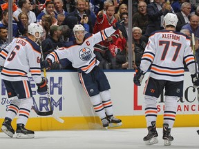 Connor McDavid (97) of the Edmonton Oilers celebrates a goal against the Toronto Maple Leafs at Scotiabank Arena on Jan. 6, 2020, in Toronto.