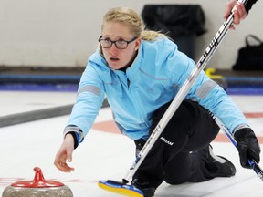 Krysta Hilker, skip of her Edmonton team, releases the rock in this file photo from the Challenge Division final  at the Grande Prairie Curling Club on Oct. 29, 2017.