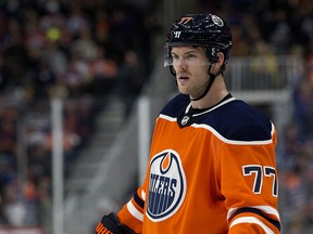 The Edmonton Oilers' Oscar Klefbom (77) faces the Vancouver Canucks at Rogers Place in this file photo from Nov. 30, 2019.