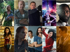 Clockwise from top left: Emily Blunt in A Quiet Place II; Vin Diesel in Fast & Furious; Daniel Craig as 007 in No Time to Die; Margot Robbie in Birds of Prey; John David Washington in Tenet; Tom Cruise in Top Gun: Maverick; Liu Yifei in Mulan; Alex Winter and Keanu Reeves in Bill & Ted Face the Music; Scarlett Johansson in Black Widow and Gal Gadot in Wonder Woman 1984.