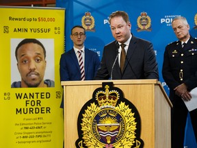 Jason Banack, director of the Crime Stoppers Association of Edmonton and Northern Alberta, speaks during a press conference at Edmonton Police Service headquarters on Tuesday, Jan. 21, 2020. The Bolo Program is offering a $50,000 reward into the arrest of Amin Yussuf, wanted in connection to a 2019 fatal shooting at Xhale Lounge in Edmonton. Photo by Ian Kucerak/Postmedia