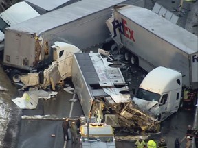 This image from video provided by KDKA TV shows the scene near Greensburg, Pa. along the Pennsylvania Turnpike where at least five people were killed and dozens were injured in a crash early Sunday, Jan. 5, 2020 that involved multiple vehicles, a transportation official said. (KDKA TV via AP)