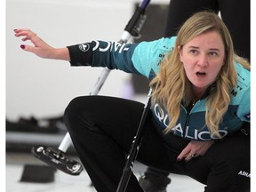 Chelsea Carey of Team Carey calls out during the Autumn Gold Curling Classic at the Calgary Curling Club. Saturday, October 12, 2019.