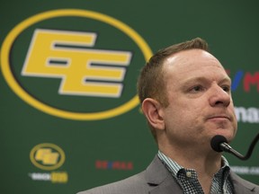 Edmonton Eskimos general manager and vice-president of football operations Brock Sunderland speaks to the media during a press conference after the team fired head coach Jason Maas on Wednesday Nov. 27, 2019.