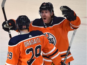 Edmonton Oilers Leon Draisaitl (29) celebrates his goal with James Neal (18) against the New York Rangers during NHL action at Rogers Place in Edmonton, December 31, 2019.