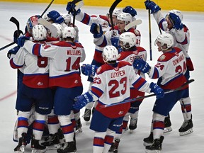 Edmonton Oil Kings celebrate after defeating the Everett Silvertips in the shoot-out 4 -3 during WHL action at Rogers Place in Edmonton, January 1, 2020. Ed Kaiser / Postmedia