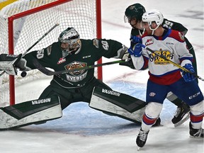 Edmonton Oil Kings Ethan McIndoe (39) and Everett Silvertips Wyatte Wylie (29) watch the puck go past goalie Keegan Karki (60) scored by Kings Dylan Guenther during WHL action at Rogers Place in Edmonton, January 1, 2020.