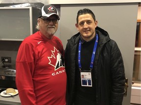 Former Edmonton Oilers captain Shawn Horcoff drops by the Azorcan Tour suite at the World Junior Hockey championships in the Czech Republic.
