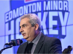 Joe Spatafora, Hockey Edmonton president,  speaks at the kick-off of Quikcard Edmonton Minor Hockey Week 2020 at Rogers Place on Jan. 8, 2020.