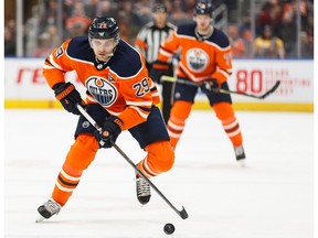 Edmonton Oilers' Leon Draisaitl (29) carries the puck as he plays the Nashville Predators at Rogers Place on Tuesday, Jan. 14, 2020.