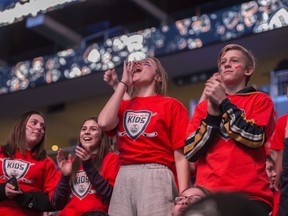 Students from Hillcrest School cheer for their Oilers representative Jujhar Khaira at the kickoff for Kids Help Kids at Rogers Place on Thursday, Jan. 15, 2020.
