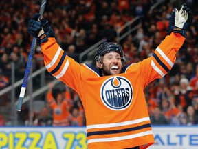 Sam Gagner celebrates a first period goal against the Arizona Coyotes at Rogers Place on Jan. 18, 2019.