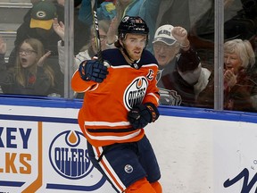 Edmonton Oilers captain Connor McDavid celebrates his goal during second period NHL hockey game action against the Arizona Coyotes in Edmonton on Saturday January 18, 2020.