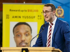 Max Langlois, Bolo Program director, speaks during a press conference at Edmonton Police Service headquarters on Tuesday, Jan. 21, 2020. The Bolo Program is offering a $50,000 reward into the arrest of Amin Yussuf, wanted in connection to a 2019 fatal shooting at Xhale Lounge in Edmonton.