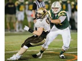 Fourth-year University of Alberta Golden Bears offensive tackle Carter O'Donnell, seen here playing against the University of Manitoba Bisons in 2019, is making waves following a strong showing in the prestigious East-West Shrine Bowl in St. Petersburg, Fla., on Jan. 18.