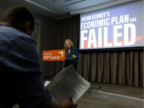 Rachel Notley, Leader of the Official Opposition and Alberta NDP, speaks at a press conference at the Federal Building at the Alberta Legislature in Edmonton, on Thursday, Jan. 23, 2020. She says Alberta Treasury Board and Finance officials had serious doubts about Premier Jason Kenney's $4.7-billion corporate tax cut and its impact on investment and job creation.