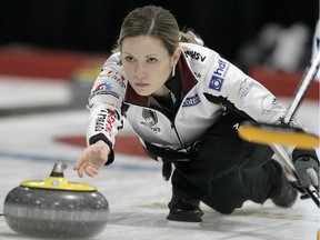 Skip Laura Walker of Team Walker throws the rock as Team Rocque and Team Walker meet in semi-final action at the Alberta Scotties Tournament of Hearts in Okotoks on Saturday, January 25, 2020. B