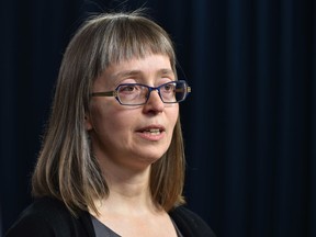Alberta's chief medical officer of health, Dr. Deena Hinshaw, answers questions about the coronavirus during a news conference at the Alberta legislature in Edmonton on Monday, Jan. 27, 2020.