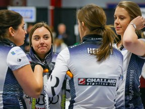 Team Rocque Saville Community Sports Centre - lead, Jesse Marlow, skip, Kelsey Rocque second,Becca Hebert, and third Danielle Schmiemann during the final of Alberta Scotties Tournament of Hearts against Team Walker Saville Community Sports Centre in Okotoks, Alberta on Sunday, January 26, 2020.