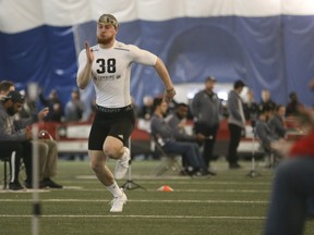Jordan Hoover, a DB with the University of Waterloo  runs the 40-yard dash during the 2017 Ontario Regional Combine for the  CFL at Varsity Stadium in Toronto, Ont. on Friday March 17, 2017.