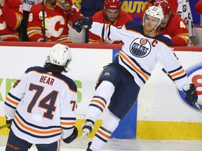 Oilers Connor McDavid celebrates his first period goal during NHL action between the Edmonton Oilers and the Calgary Flames in Calgary on Saturday, January 11, 2020.