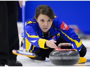 Alberta skip Casey Scheidegger throws a stone while taking on Newfoundland in this file photo from the Scotties Tournament of Hearts in Penticton, B.C., on Jan. 29, 2018.