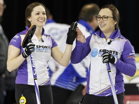 Kelsey Rocque (right) and Laura Crocker celebrate in this file photo from the Grand Slam of Curling 2016 Humpty’s Champions Cup in Sherwood Park on April 28, 2016.
