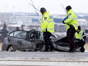 Police work at the scene of a fatal collision along northbound Anthony Henday Drive between Yellowhead Trail and Aurum Road on Nov. 12. A 68-year-old woman died from the crash. (Postmedia, File)