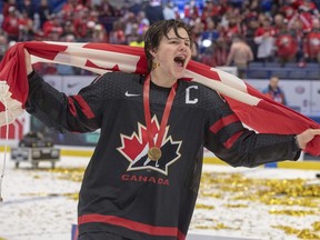 Canada's captain Barrett Hayton celebrates after defeating Russia 4-3 in the gold medal game at the World Junior Hockey Championships, Sunday, January 5, 2020 in Ostrava, Czech Republic.