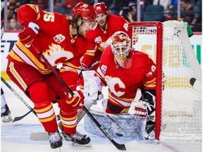 Calgary Flames goaltender Cam Talbot (39) makes a save against the Minnesota Wild during the second period at Scotiabank Saddledome on Jan. 9, 2020.