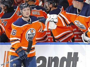 Edmonton Oilers forward Kailer Yamamoto (56) celebrates a second period goal against the Calgary Flames at Rogers Place, Jan. 29