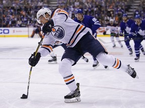 Edmonton Oilers forward Alex Chiasson (39) scores on this shot against the Toronto Maple Leafs during the second period at Scotiabank Arena on Jan. 6, 2020.