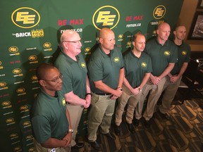 The Edmonton Eskimos announced their coaching staff for the 2020 Canadian Football League season, including (from left) receivers coach Winston October, offensive line coach John McDonnell, head coach, offensive co-ordinator, quarterbacks coach and special-teams assistant Scott Milanovich, defensive co-ordinator Noel Thorpe, special-teams co-ordinator A.J. Gass and defensive assistant Derek Oswalt, at the Sawmill restaurant in Sherwood on Wednesday, Jan. 15, 2020.