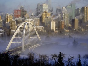 Ice fog shrouds the river valley below downtown Edmonton on Tuesday January 14, 2020, when temperatures felt like -43C degrees with the wind chill. An extreme cold weather warning was issued for the Edmonton region. (PHOTO BY LARRY WONG/POSTMEDIA)