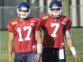 Zach Collaros and Trevor Harris take part in a Toronto Argonauts practice at the University of Toronto Mississauga campus in this file photo from June 15, 2012.