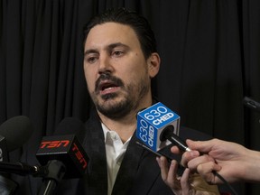 George Parros, Director of the NHL Department of Player Safety, speaks to the media prior to the Edmonton Oilers and Calgary Flames game at Rogers Place, in Edmonton Wednesday Jan. 29, 2020.