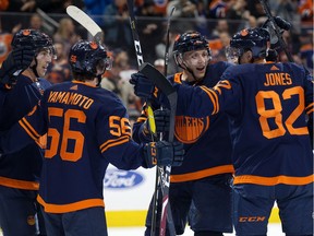 The Edmonton Oilers celebrate their second goal against the St. Louis Blues during first period NHL action at Rogers Place, in Edmonton Friday Jan. 31, 2020.