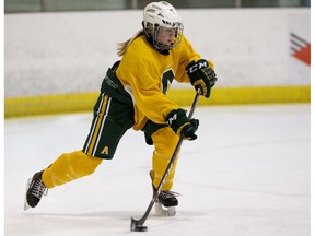 University of Alberta Pandas hockey forward Alex Poznikoff (16) takes part in a team practice at Clare Drake Arena, in Edmonton Thursday Nov. 15, 2018.