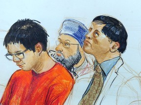 A courtroom sketch of Rocky Rambo Wei Nam Kam, in orange, who is charged with first-degree murder in the deaths of 68-year-old Richard Jones and 64-year-old Dianna Mah-Jones, in B.C. Supreme Court on Sept. 25, 2019.