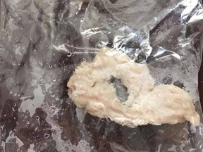 A Saskatoon dog owner posted to Facebook on Jan. 6, saying they'd found their dog playing with this plastic bag containing a piece of meat with razor blades in it.