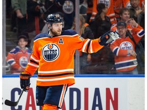 Leon Draisaitl (29) of the Edmonton Oilers celebrates his empty-net goal against the Chicago Blackhawks at Rogers Place on Feb. 11, 2020.