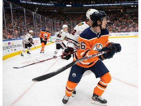 Kailer Yamamoto (56) of the Edmonton Oilers skates against the Chicago Blackhawks at Rogers Place on Feb. 11, 2020.