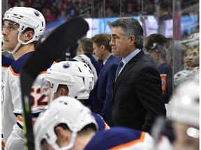 Edmonton Oilers head coach Dave Tippett watches his team play against the Carolina Hurricanes during the second period of their game at PNC Arena on February 16, 2020 in Raleigh, North Carolina.